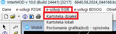 Widok opcji menu głównego programu - e-usługi EGiB oraz Kartoteka działek