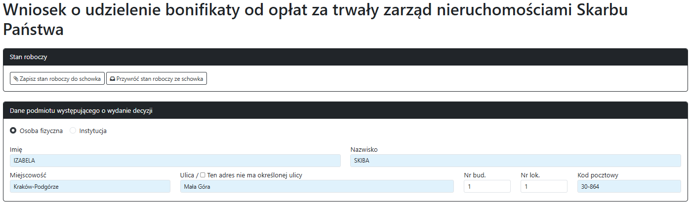 Widok części wniosku o udzielenie bonifikaty