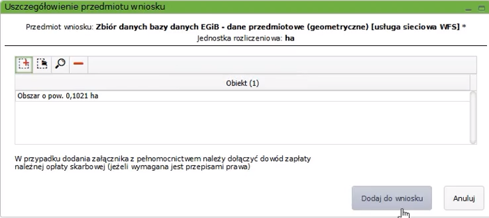 Widok okna: Uszczegółowienie przedmiotu wniosku z pozycją na liście