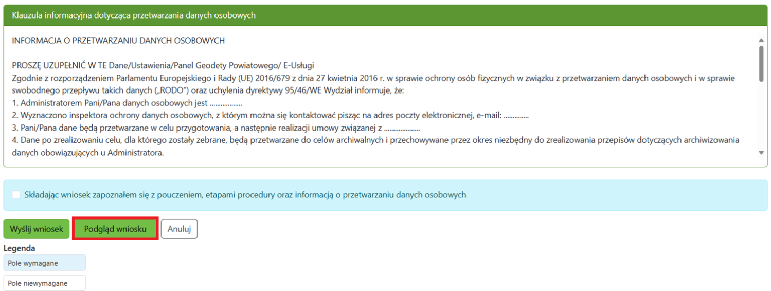 Widok okna wniosku z zaznaczoną opcją podglądu