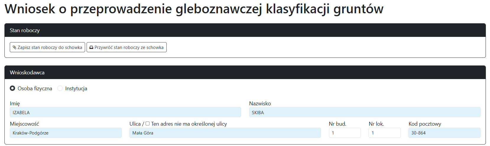 Widok części wniosku o przeprowadzenie gleboznawczej klasyfikacji gruntów