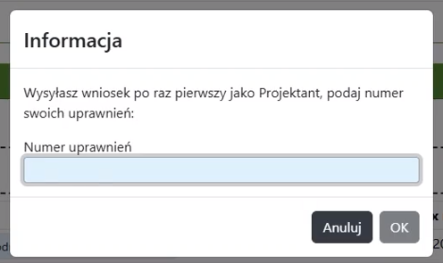 Widok okna informacji do wprowadzenia numeru uprawnień