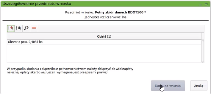Widok okna z uszczegółowieniem przedmiotu wniosku z wczytaną pozycją na liście