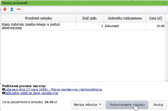 Widok okna nowego wniosku