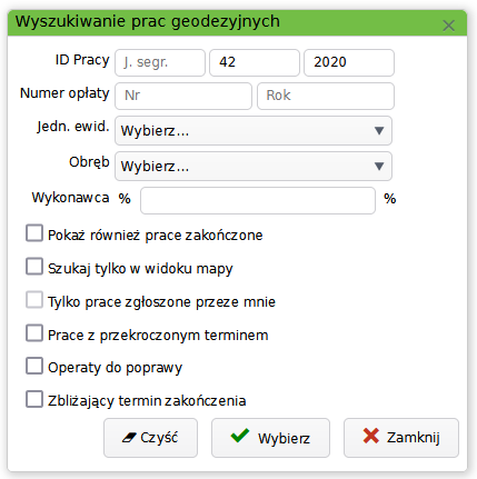  Okno wyszukiwania prac geodezyjnych 