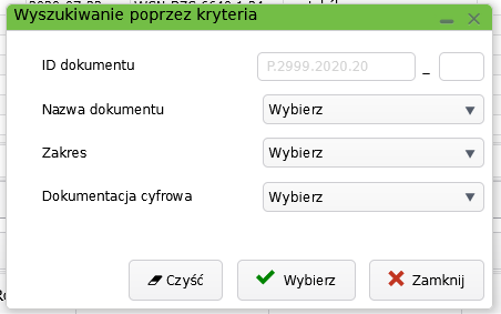  Widok okna wyszukiwania dokumentu składowego poprzez kryteria