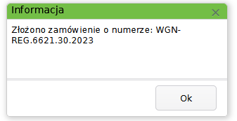 Widok okna z informacją o złożeniu zamówienia